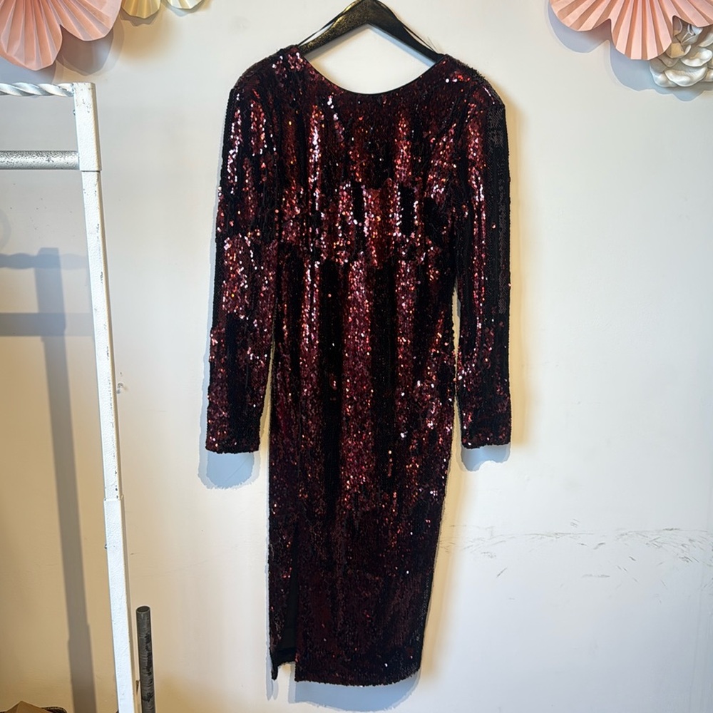 Dress the Population Burgundy Sequin Long-Sleeve Midi Dress